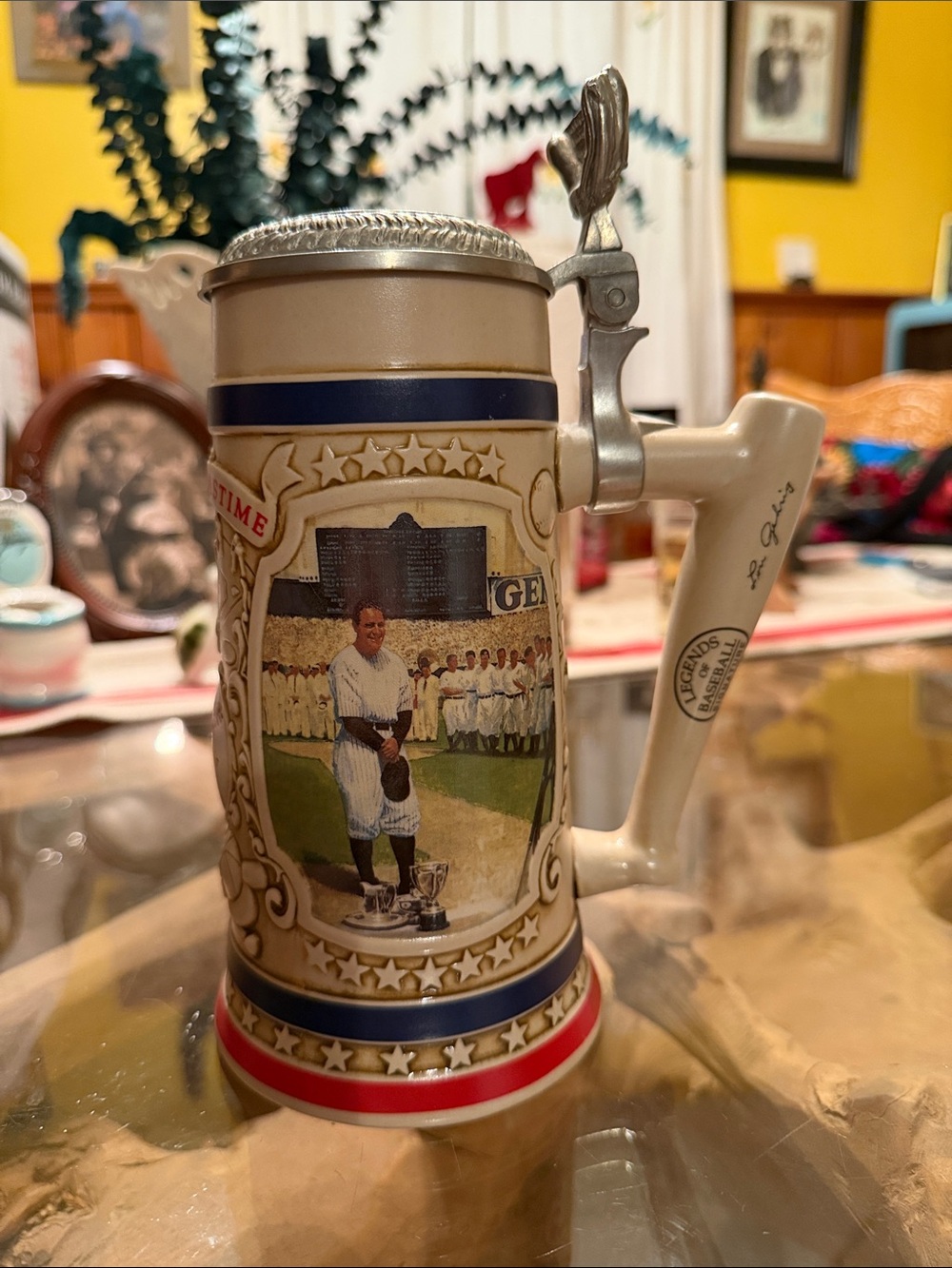 Collectible Baseball Stein of Lou Gehrig with Patriotic Trim